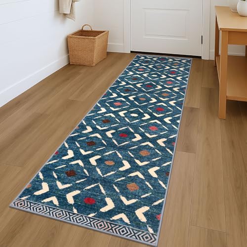 Washable Runner Rug 2x7 ft Hallway Runners Non Slip, Teal/Blue
