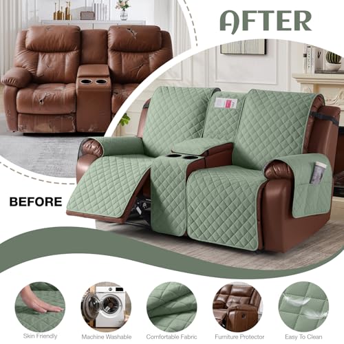 KinCam 100% Waterproof Recliner Loveseat Cover with Console X1, Recliner Couch Covers X1, Recliner Chair Covers X1(Sage Green)
