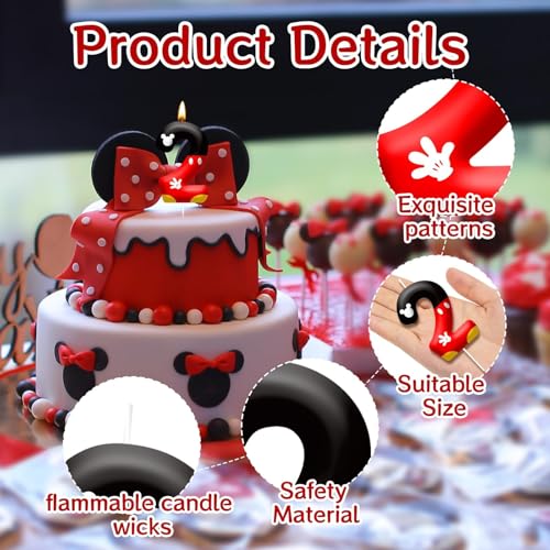 Red Black Digital Birthday Candle Number 2 Red Cartoon Mouse Themed Cake Topper Candle Party Decoration Supplies Birthday Party Cake Decoration (Number 2)