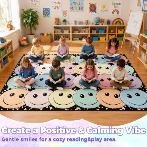 8' x 10' Composition Notebook Classroom Rug Pastel Smiley Face Seating Carpet for Kids, Washable Non-Slip Educational Area Rugs Large Soft Play Mat for Kindergarten Nursery Playroom Decor