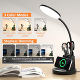 Desk Lamp with Wireless Charger, LED Desk Lamps for Home Office with Pen Holder, Dimmable Eye-Caring Study Desk Light Flexible Arm 3 Color Modes for College Dorm, 800 Lumens CRI 90