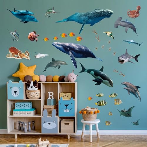 Under The Sea Fish Wall Stickers - Whale Shark Squid Ocean Animals Wall Decals - Baby Nursery Kids Boy Girls Room Bedroom Bathroom Daycare Playroom Classroom Wall Decor