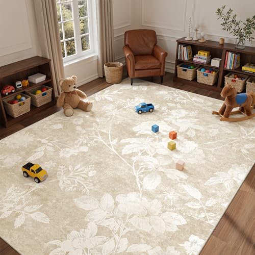 Soalmost Floral Washable Rugs 5x7 for Living Room, Neutral Soft Rug Beige