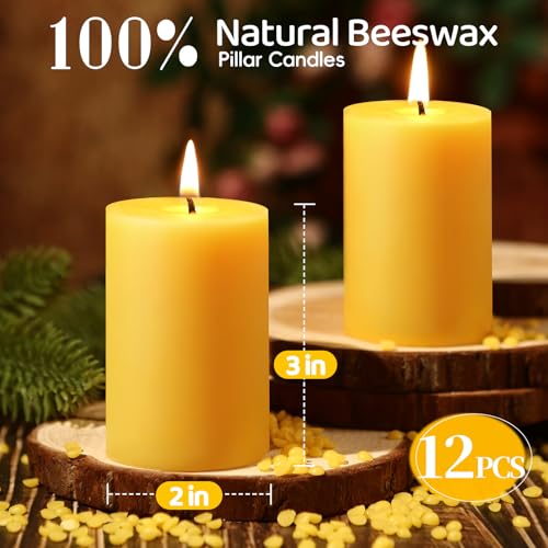 12 Pack Beeswax Candles,384 Hours Total Burn Time-2x3in,100% Pure Beeswax Pillar Candles,Unscented Bees Wax Candles for Home,Prayer,Emergency,Dripless Smokeless Pillar Candles Bluk