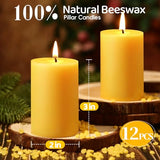 12 Pack Beeswax Candles,384 Hours Total Burn Time-2x3in,100% Pure Beeswax Pillar Candles,Unscented Bees Wax Candles for Home,Prayer,Emergency,Dripless Smokeless Pillar Candles Bluk