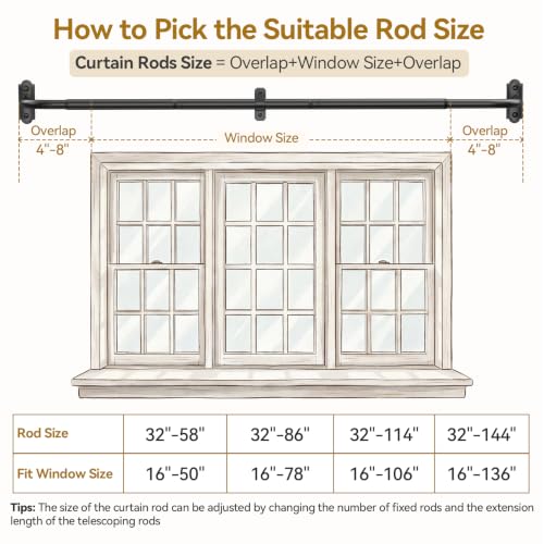 YaFex Curtain Rod 32-86 Inch, 1 Inch Heavy Duty Black Curtain Rods for Windows, Adjustable Window Treatment Rods, Wrap Around Ceiling Outdoor Curtain Rod for Bedroom