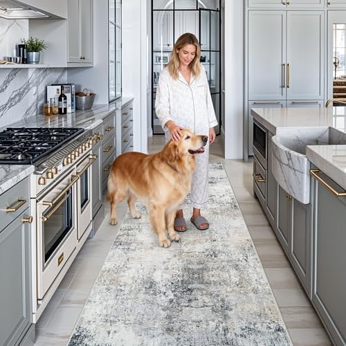 Non Slip 3x7 Rug Runner: Washable Abstract Rugs for Hallway Blue Grey