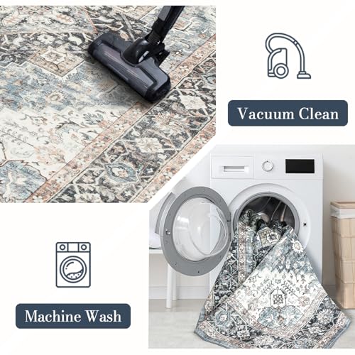 Area Rug 9×12, Large Vintage Boho Rug,Ultra-Soft Low Pile, Washable, Non Slip,Stain Resistant, Printed Carpet for Living Room Bedrooms Playroom Office Kitchen, Blue/Navy