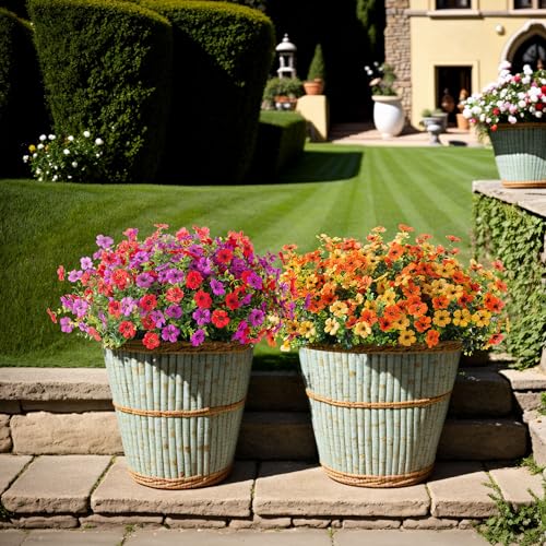 Artificial Silk Flowers Hanging Basket for Outdoor Indoor, Daisy with Eucalyptus Leaves Arrangement for Garden Yard Spring Summer Decor, Faux Green Plant in Metal Coconut Lining Pot(Red Purple)
