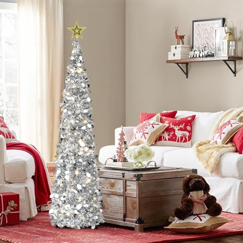 5FT Pop Up Christmas Tree with Lights and Tree Topper- Collapsible Artificial Tinsel Pencil Christmas Tree, Skinny Xmas Tree for Indoor Home Apartment Porch Holiday Party Decorations(Silver)