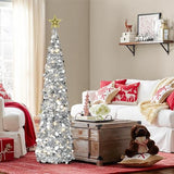 5FT Pop Up Christmas Tree with Lights and Tree Topper- Collapsible Artificial Tinsel Pencil Christmas Tree, Skinny Xmas Tree for Indoor Home Apartment Porch Holiday Party Decorations(Silver)