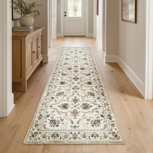 jinchan 3x10 Traditional Floral Rug, Washable Rug Runner, Beige Slate