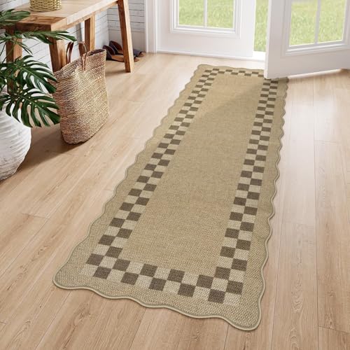 LIVEBOX Easy Jute Checkered Runner Rug for Kitchen, Scalloped Washable 2x6 Tan Rugs for Entryway, Geometric Indoor Outdoor Non Slip Rug Farmhouse Carpet Door Mat Area Rug for Porch Bedroom Hallway