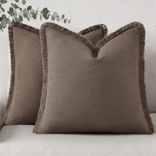 decorUhome Linen Fringe Linen Brown Throw Pillow Covers 24x24 Set of 2