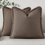 decorUhome Linen Fringe Linen Brown Throw Pillow Covers 24x24 Set of 2