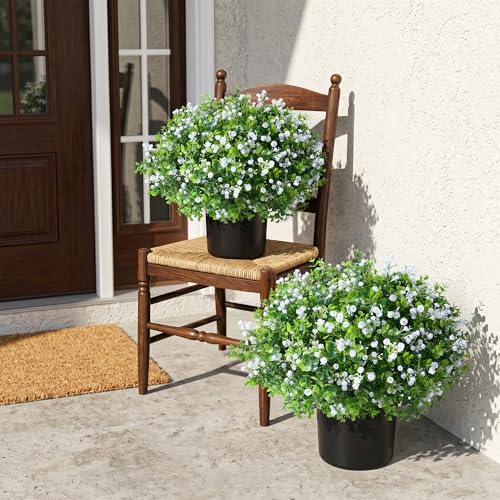 Fake Plants Artificial Flowers for Outdoors Decor, 2 Pack Fake Potted Plants Baby Breath With Green Eucalyptus Look Real UV Resistant Artificial Greenery with Pot for Outside Porch Garden Patio Yard
