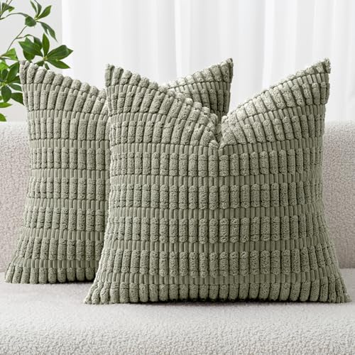 MIULEE Corduroy Decorative Throw Pillow Covers 16x16 Light Olive Pack of 2