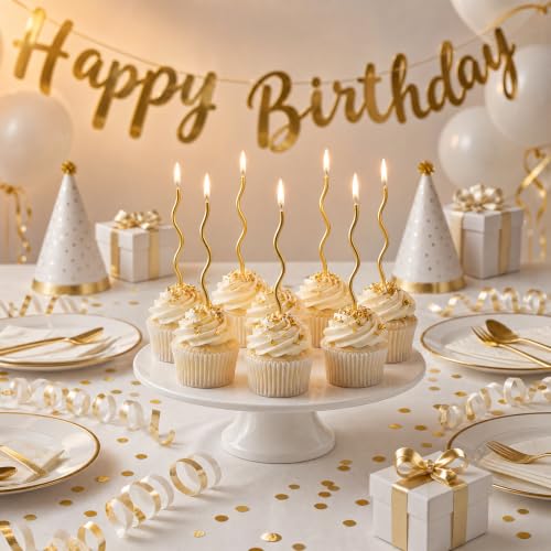 12-Count Spiral Birthday Candles, Long Twisty Gold Party Candles with Candle Holders, Long Burning for Weddings, Birthdays, Party Decorations, Cupcakes, Anniversary and Meetups (Gold)