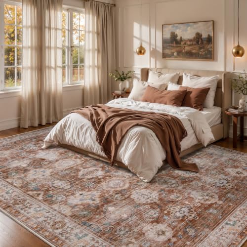 Tangsoo Washable 5x7 Area Rug for Living Room,Farmhouse Brown Floral Rug