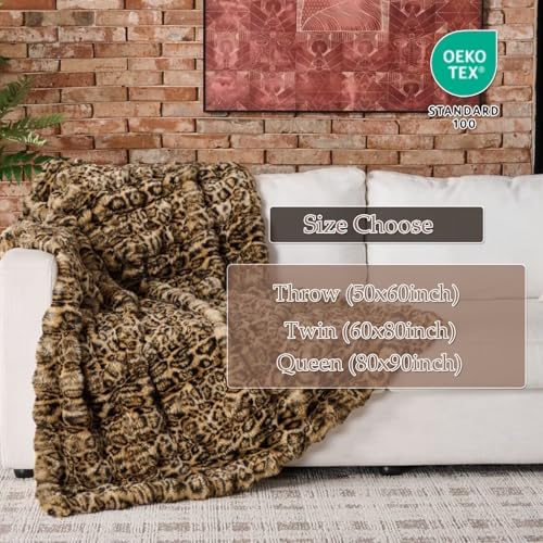 760GSM Faux Rabbit Faux Fur Throw Blanket,Super Thick Warm Bubble Blanket Throw,Fuzzy Luxury Plush Decorative Blanket for Couch Bed Sofa(Leopard Brown,50''x 60'')