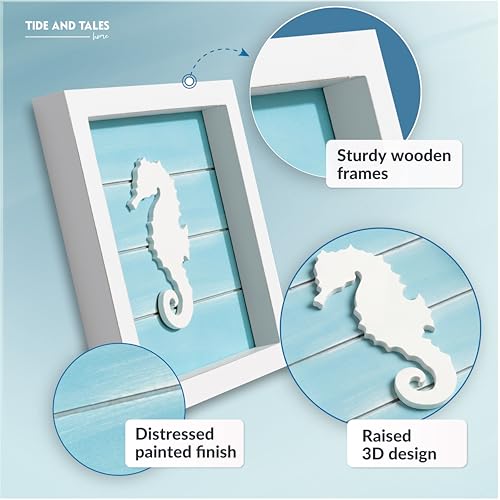 Tide and Tales Coastal Wall Art (Framed Set of 4) Beach Bathroom Wall Decor with Starfish, Seahorse, Sand Dollar and Coral - Ocean Theme Turquoise Room Decor - Seashell Beach Decorations for Home 7" x 7"