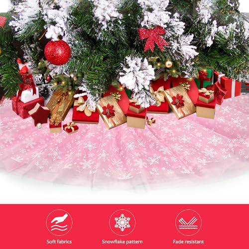 Christmas Wedding Tree Skirt, 4 Layer 47 in Snowflake Tulle Tree Decoration for Party Indoor, Fluffy Tree Cover Mat Ornament for Holiday, Pink