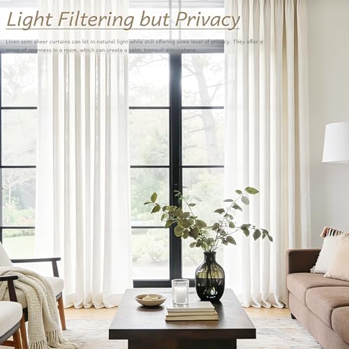 Triple Pinch Pleated 90 inch Long Linen Curtains 2 Panels Set for Living Room Track System Curtains Neutral Modern Farmhouse Light Filtering Semi Sheer Linen Blend Pinch Pleat Drapes 90 Length Cream