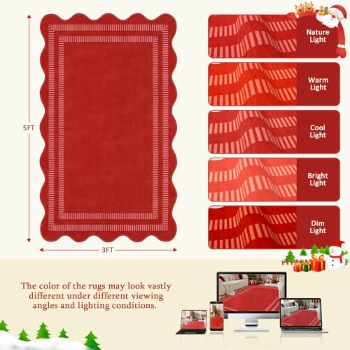 Washable 3x5 Christmas Rug, Soft Non Slip Indoor Door Mat Solid Red Entryway Rugs Stain Resistant Scalloped Carpet for Bedroom Kitchen Home Office