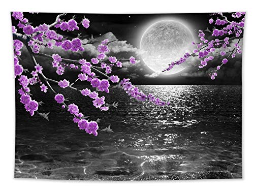 LB Small Full Moon Over Ocean Tapestry Wall Hanging, Purple Japanese Cherry Blossom Wall Tapestry, Fantasy Asian Scenery Wall Art for Bedroom Living Room Dorm Home Decor, 60 x 40 Inches
