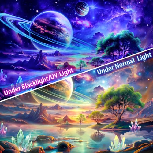 Lahasbja Blacklight Galaxy Space Tapestry UV Reactive Planet Wall Hanging Magical Trees Tapestries Cosmic Mountain Landscape Wall Decor Aesthetic Starry Night Backdrop for Bedroom