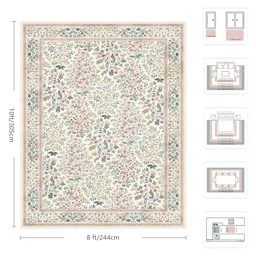 8x10 Area Rugs, Machine Washable Low Pile Floral Rugs for Living Room, Bedroom, Large Boho Area Rug with Non-Slip Backing for Dining Room(Pink Floral)