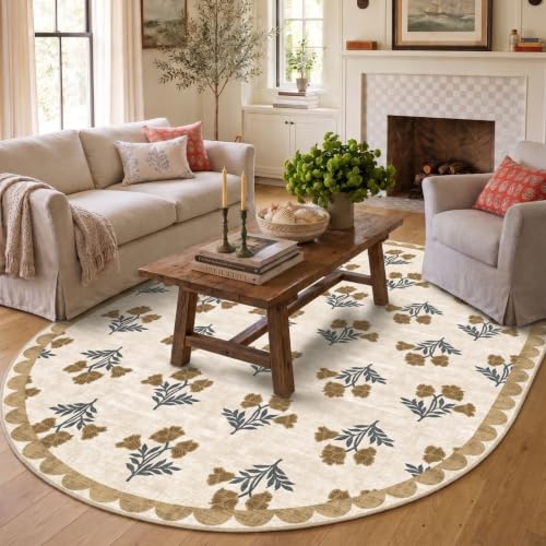 Beige 6x9 Washable Scalloped Oval Rug - Boho Floral Living Room Rug