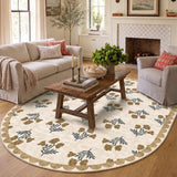 Beige 6x9 Washable Scalloped Oval Rug - Boho Floral Living Room Rug