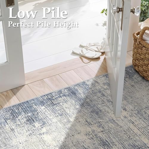 Washable Entryway 2x3 Area Rug: Small Abstract Kitchen Rugs for Indoor Bathroom Entrance Non Slip Door Mat with Rubber Backing Ultra Thin Soft Carpet for Bedroom Pet Feeding Area (Blue Gray,2x3)