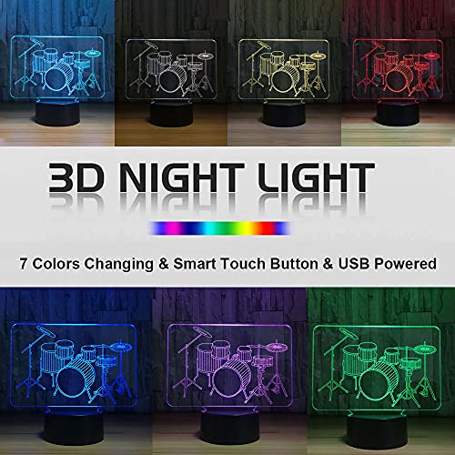 Visual 3D Night light Lamp Drum toys Desk Lamp Table decoration household accessories Kids gift boys festival for music lovers