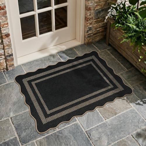 LIVEBOX Scalloped Easy Jute 2x3 Kitchen Rug, Black Front Door Mat Small Indoor Outdoor Rug for Entryway, Washable Non Slip Farmhouse Area Rugs, Tan Neutral Carpet Doormat for Porch Doorway Foyer