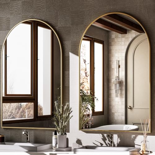 HARRITPURE Arched Wall Mirror – 24"x36" Arch Bathroom Mirror, Gold Metal Frame Vanity Mirrors for Bedroom, Entryway, Living Room Home Decor