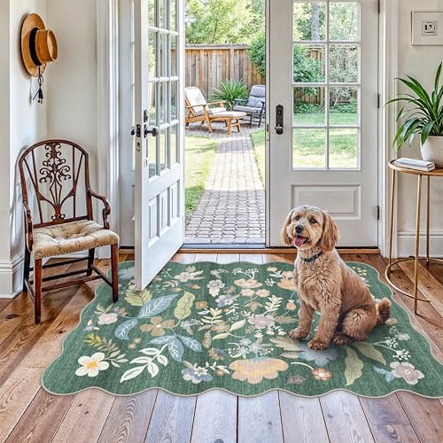 4x6 Washable Rug for Living Room: Non-Slip Scalloped Floral Area Rug Green