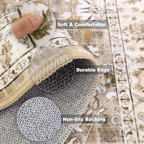 LOKHOM Washable Runner Rug, 2x8 Non-Slip Vintage Hallway Runner Rug with Rubber Backing, Boho Floral Soft Faux Wool Kitchen Rug Carpet Runner for Laundry Entryway Bedroom (Beige Brown)