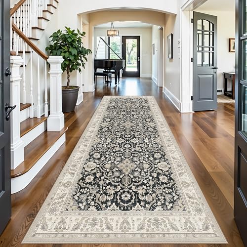 4x10 Rug Runner Non Slip: Washable Area Rugs for Wide Hallway - Soft Vintage Farmhouse Runners for Kitchen Bedroom Dining Room Living Room Entryway - Stain Resistant Low-Pile Thin Carpet Black Beige
