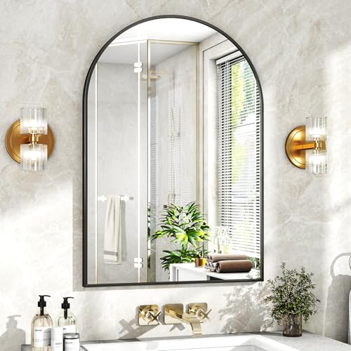 XRAMFY 24"x36" Black Arched Bathroom Mirror - Wall Mirror for Bathroom, Metal Frame Vanity Mirror, Dresser Mirror, Arch Decorative Mirrors for Living Room, Bedroom, Entryway, Mantle