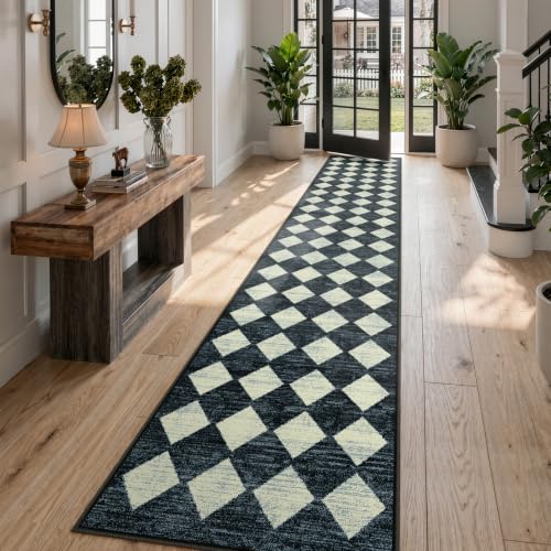 Lahome Runners for Hallway Non Slip 2x12 Black Checkered Large Washable Rug