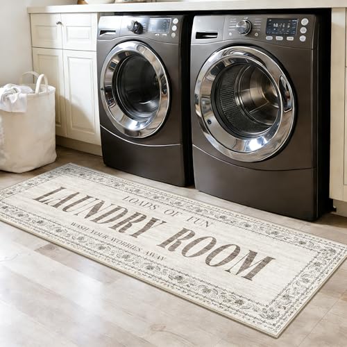 20"x60" Non-Slip Laundry Room Rug: Stain and Water Resistant Washable Laundry Mat - Durable Light-Weight Runner Farmhouse Home Decor - Soft Low-Pile Carpet for Laundry Bathroom Washroom 20"x60" Beige