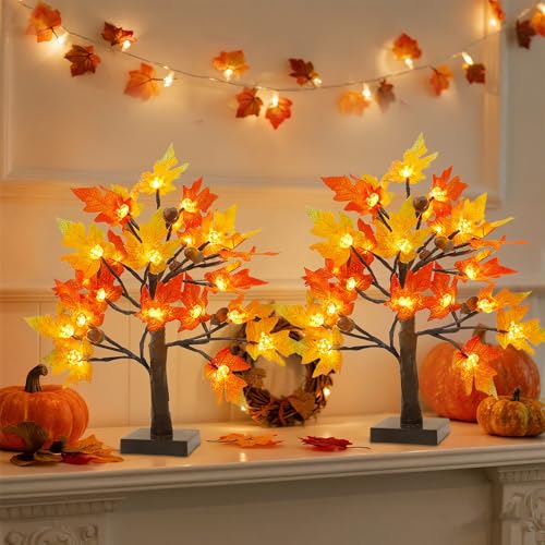 Cllayees Fall Decorations fo Home 2 Pack 18" Lighted Maple Tree | Timer, Thanksgiving Autumn Table Decor, For Office, Desk, Table Centerpiece, Bedroom