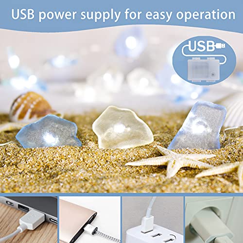 Impress Life Ocean Decor String Lights, Sea Glass Festive Beach Themed 10 ft 40 LEDs Battery&USB Cord Operated Decorative Lights with Remote Timer for Tent Wedding Nursery Bedroom Party Ornament