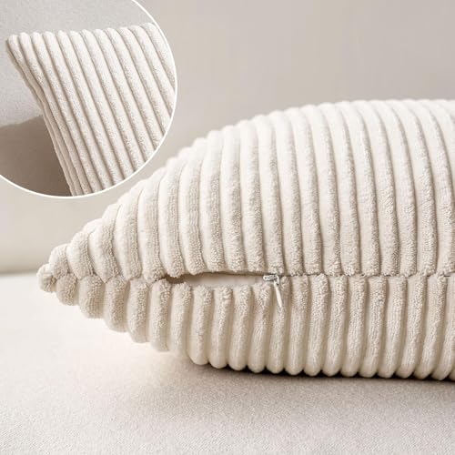 MIULEE Decorative Corduroy Pillow Covers Soft Solid Pack of 2 Cushion Cases Boho Square Throw Pillow Covers Cream White Boho Pillowcases for Couch Chair Sofa Bed Living Room Home Decor 18 x 18 Inch