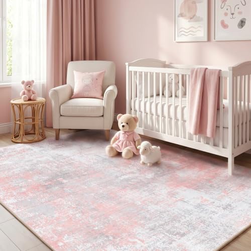 Fixwal Washable 6x9 Area Rug for Bedroom, Non-Slip, Gray/Pink