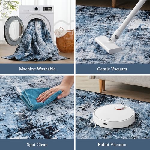 Rugflix 8x10 Area Rugs for Living Room, Washable Large Rug Stain-Resistant Low Pile, Modern Dark Carpet for Dining Room Home Office Kid Room Nursery Bedroom, Navy Blue/Black