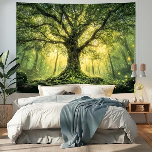 Zussun Green Tree of Life Tapestry Fantasy Fairy Forest Wall Tapestry for Bedroom Aesthetic Nature Misty Woodland Small Tapestries Wall Hanging for Dorm Living Room Decor 48 x 36 Inch