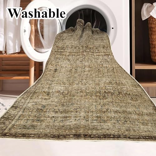 CHAMPLANT Area Rug 8x10 Washable Rug Brown Vintage Traditional Mat Distressed Indoor Foldable Thin Retro Accent Floral Non Slip Carpet Living Room Dining Room Office